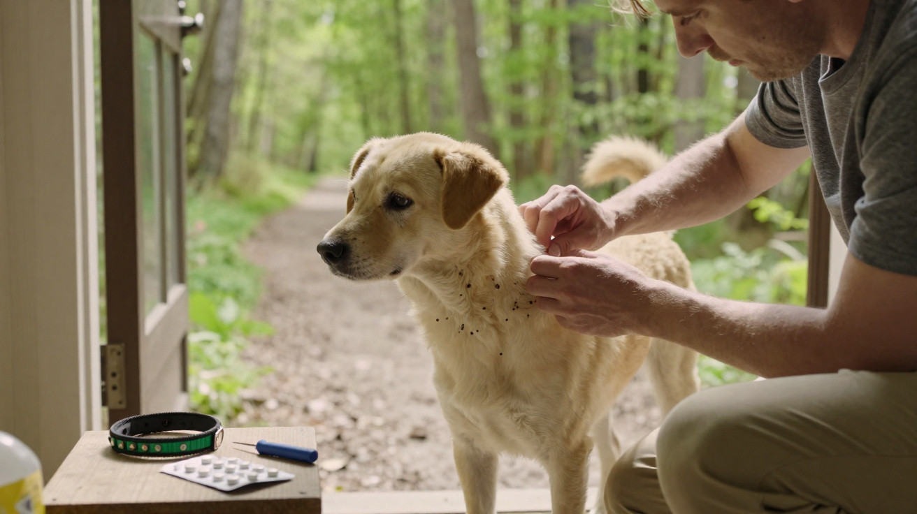 Mann entfernt Zecken von hellem Hund an Waldweg, neben Tisch mit Medikamenten und Hundehalsband.