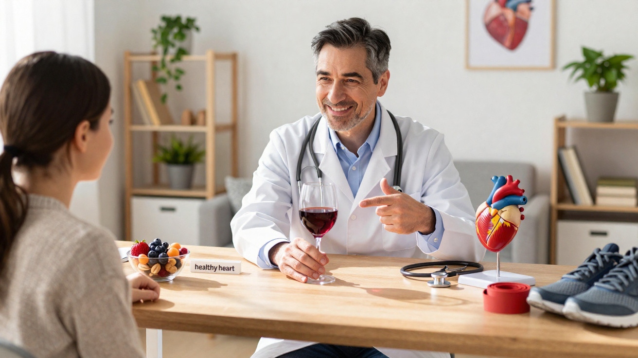 Arzt erklärt Patientin die Auswirkungen von Rotwein auf ein gesundes Herz während einer Beratung im Arztzimmer.