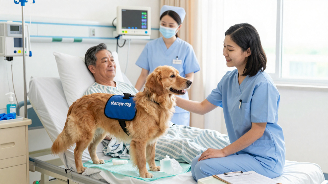 Therapiehund besucht Patienten im Krankenhaus, Pflegekräfte betreuen, freundliche Atmosphäre im Patientenzimmer.