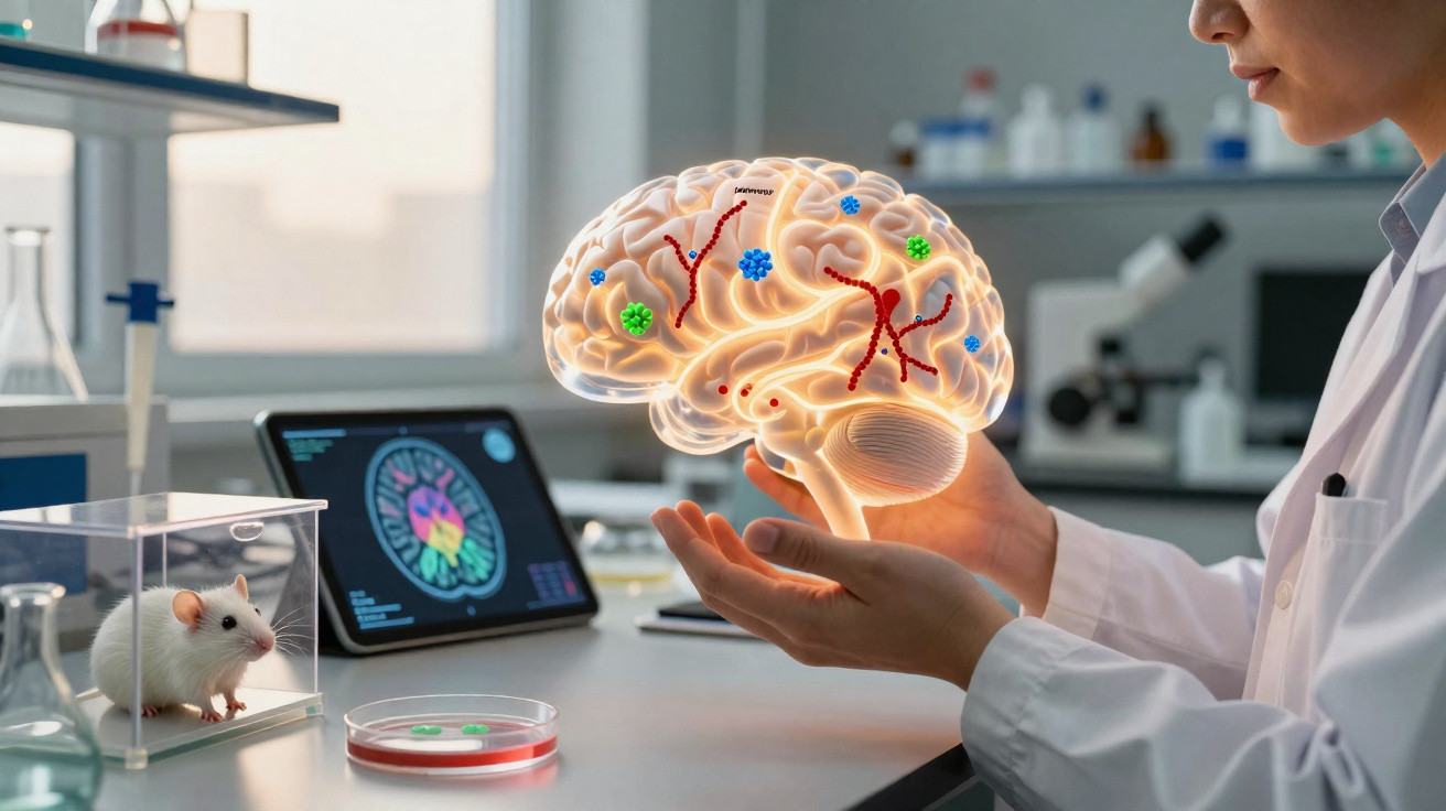 Forscher im Labor analysieren digitales 3D-Modell eines menschlichen Gehirns neben einem Labormausgehege.
