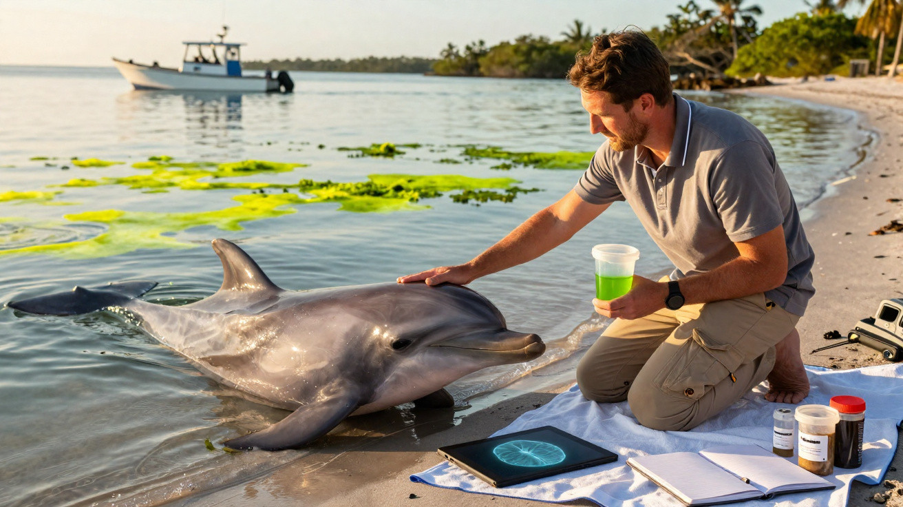 Mann kniet am Strand und streichelt einen Delfin, umgeben von Notizbuch, Tablett und Probenbehältern.