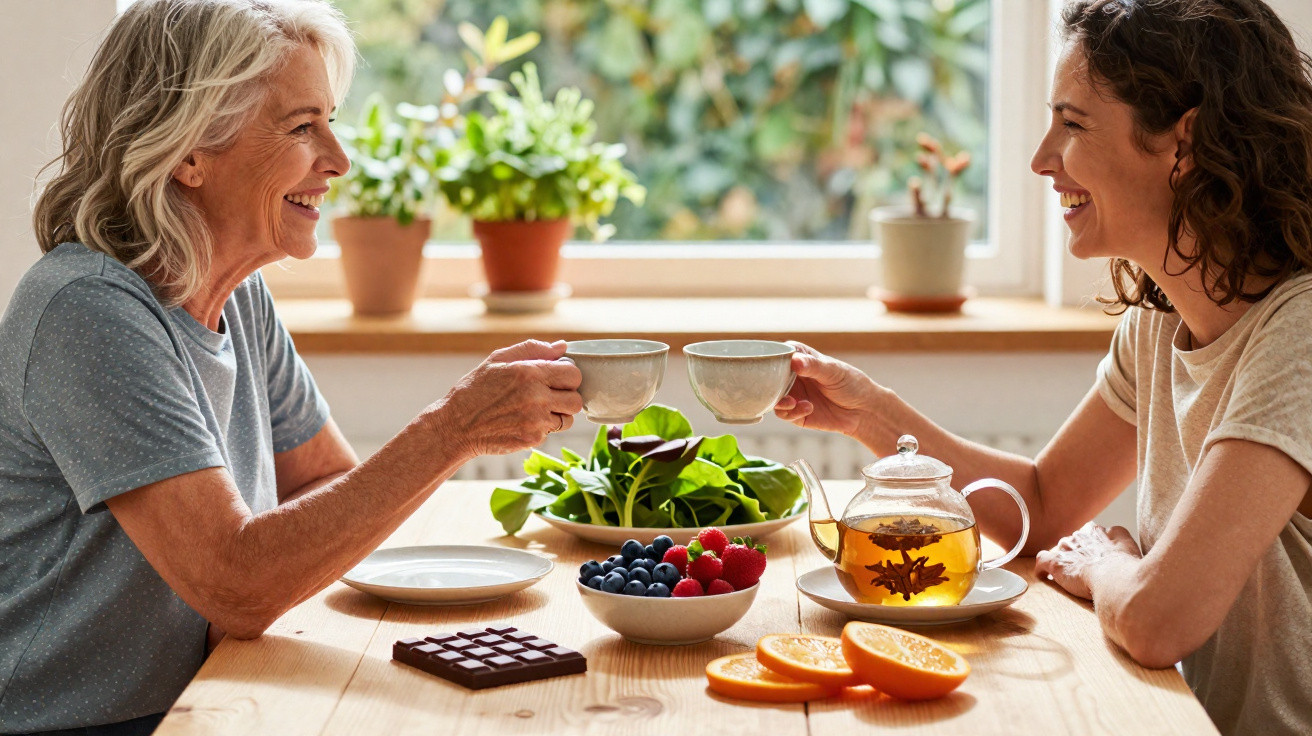 Zwei Frauen stoßen mit Teetassen an, umgeben von gesunder Kost und frischem Obst am Tisch.