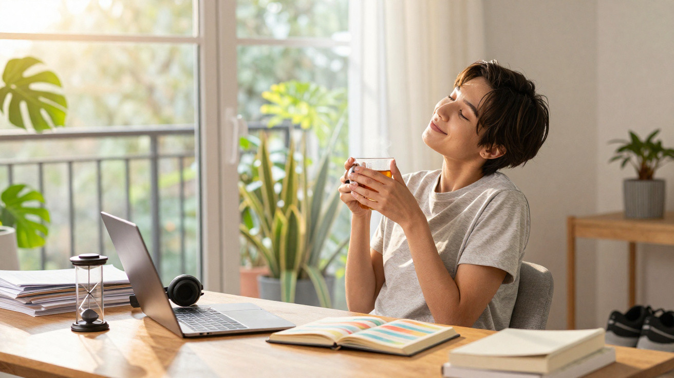 Frau entspannt sich mit einer Tasse Tee am Schreibtisch mit Laptop, Büchern und Pflanzen im Hintergrund.