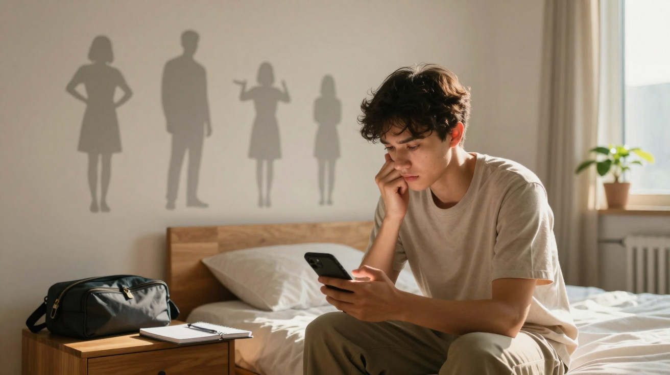 Junger Mann sitzt nachdenklich auf dem Bett und schaut auf sein Handy, Schatten von vier Familienmitgliedern an der Wand.