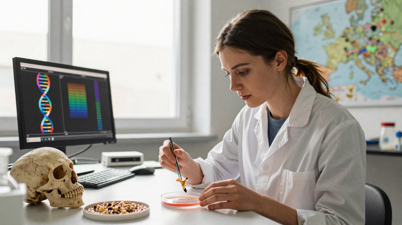 Wissenschaftlerin im Labor untersucht Proben in Petrischale, DNA-Darstellung auf Bildschirm und Schädel auf Tisch sichtbar.