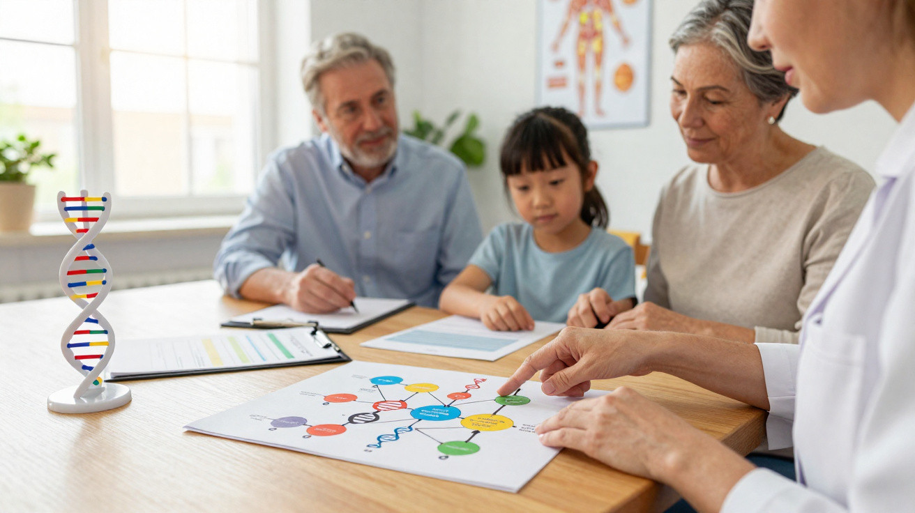 Arzt erklärt älterer Frau und Kind genetische Zusammenhänge mit farbigem DNA-Diagramm am Tisch.
