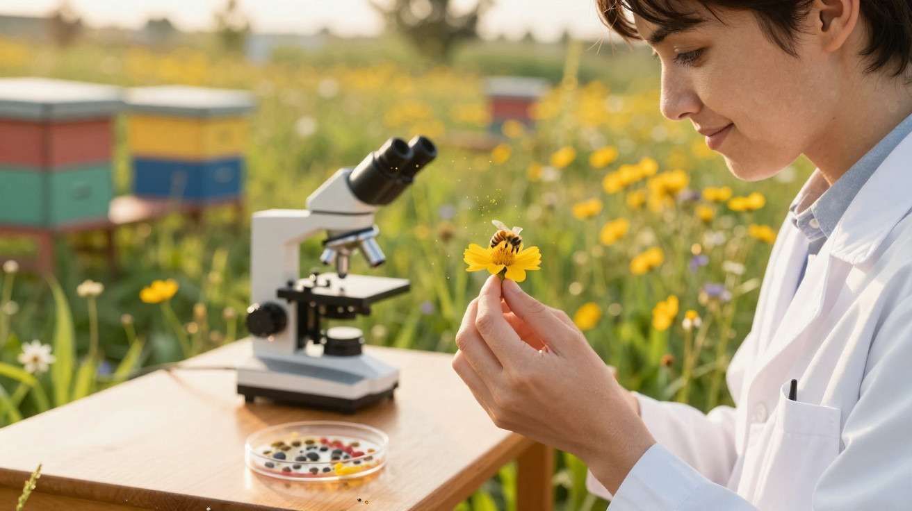 Frau in Laborjacke untersucht Biene auf gelber Blume mit Mikroskop und Petrischale im Hintergrund auf Blumenwiese.