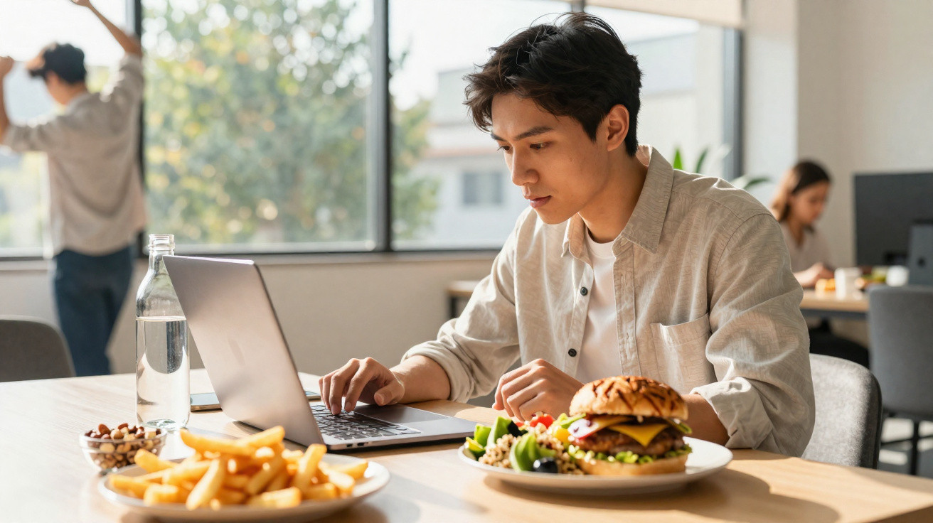 Junger Mann arbeitet am Laptop in hellem Raum mit einem Hamburger, Pommes und Wasser auf dem Tisch.