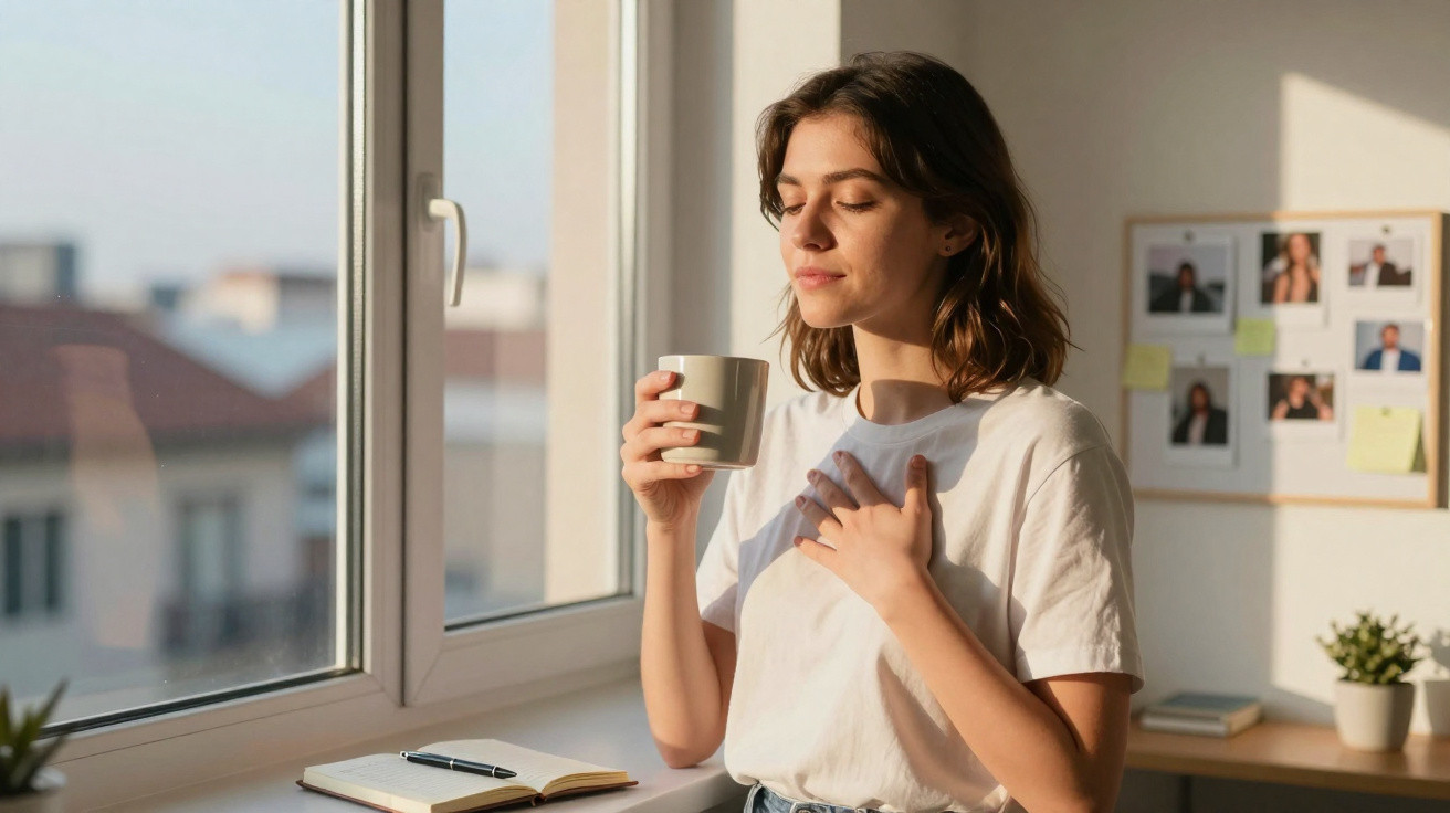 Frau trinkt entspannt aus Tasse, steht am Fenster mit Notizbuch und Pinnwand im Hintergrund.