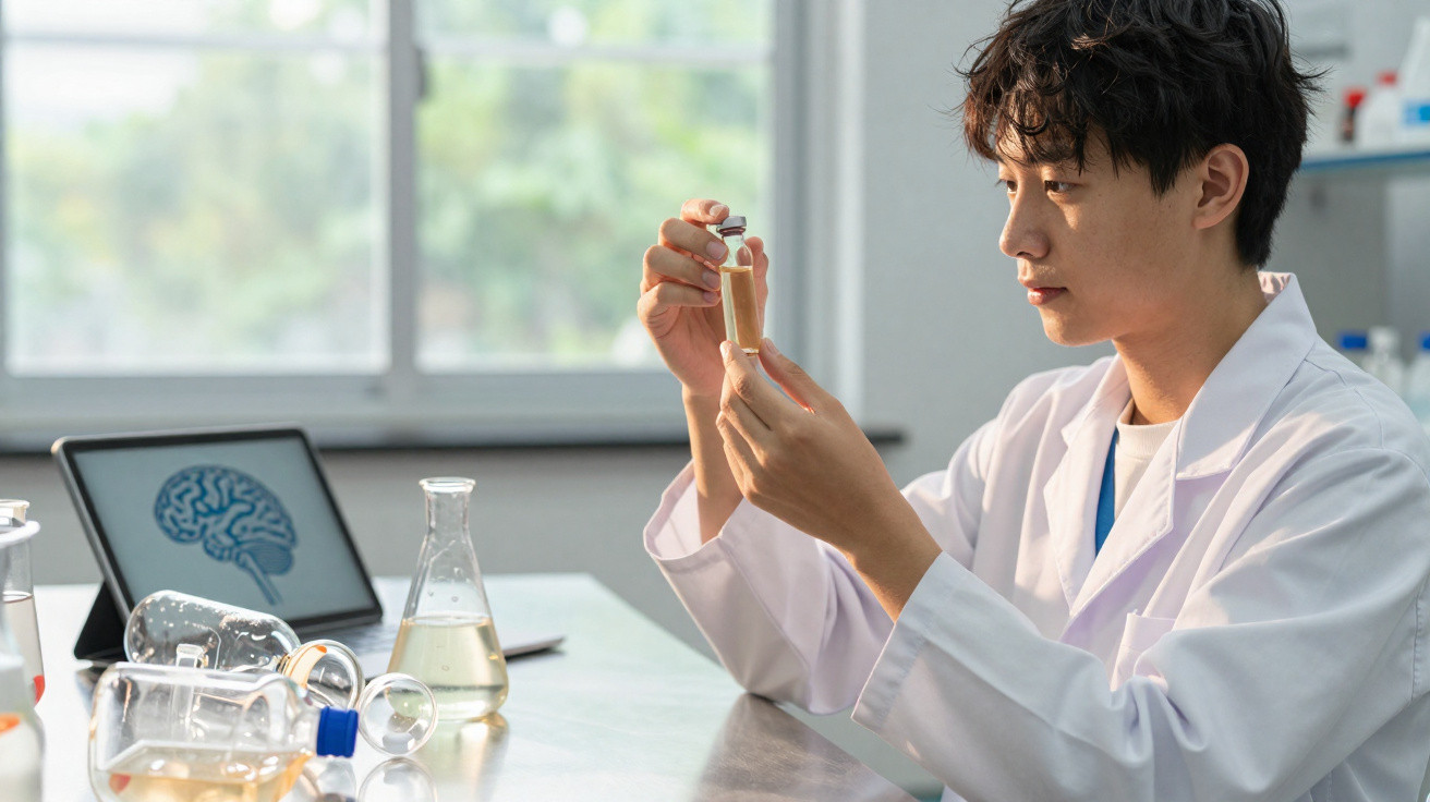 Wissenschaftler im Labor untersucht konzentriert Probe in Reagenzglas vor Tablet mit Gehirnillustration.