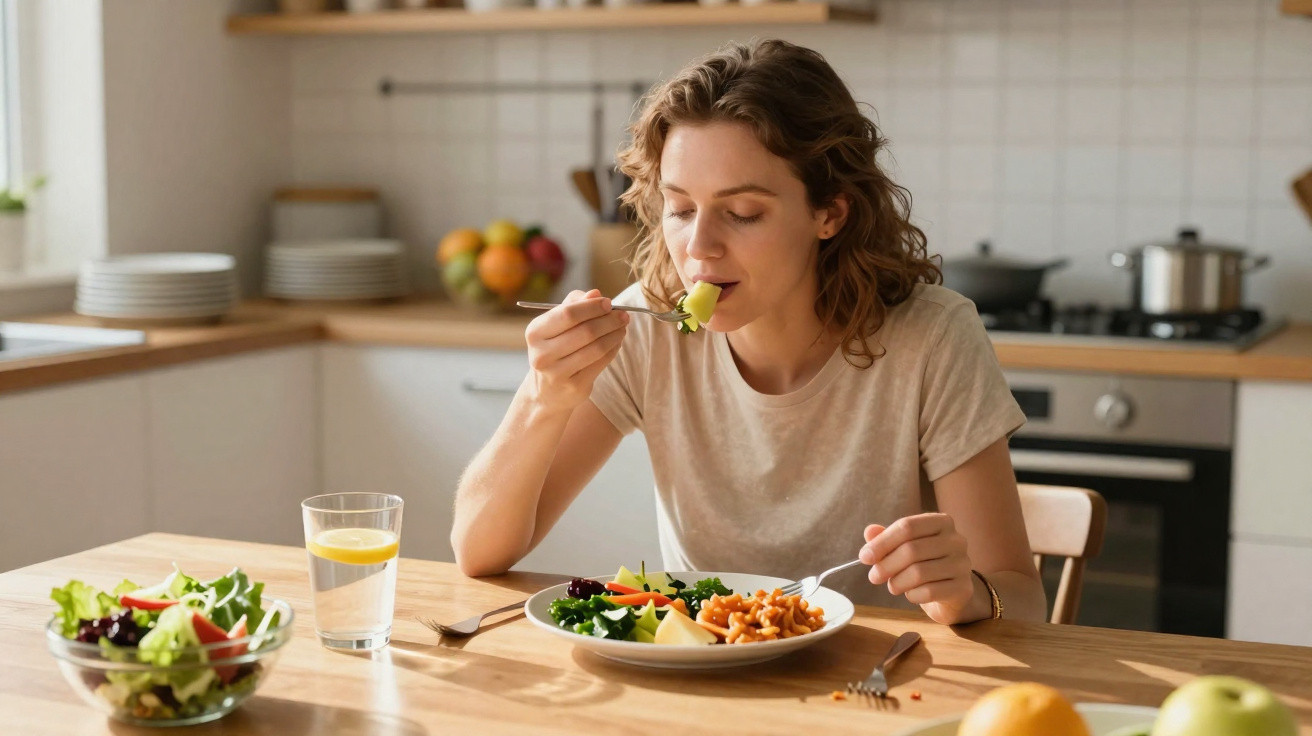 Frau isst gesundes Essen mit Salat und Pasta in moderner Küche am Holztisch mit Glas Zitronenwasser.