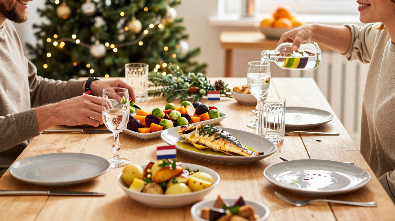 Zwei Personen sitzen an einem festlich gedeckten Tisch mit Fisch, Gemüse und Wasserfluss vor Weihnachtsbaum.