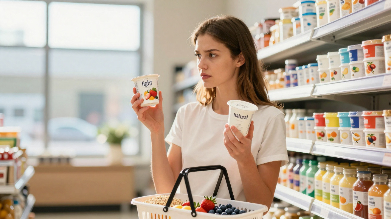 Frau vergleicht zwei Joghurtbecher im Supermarkt, Einkaufskorb mit Obst und Haferflocken.