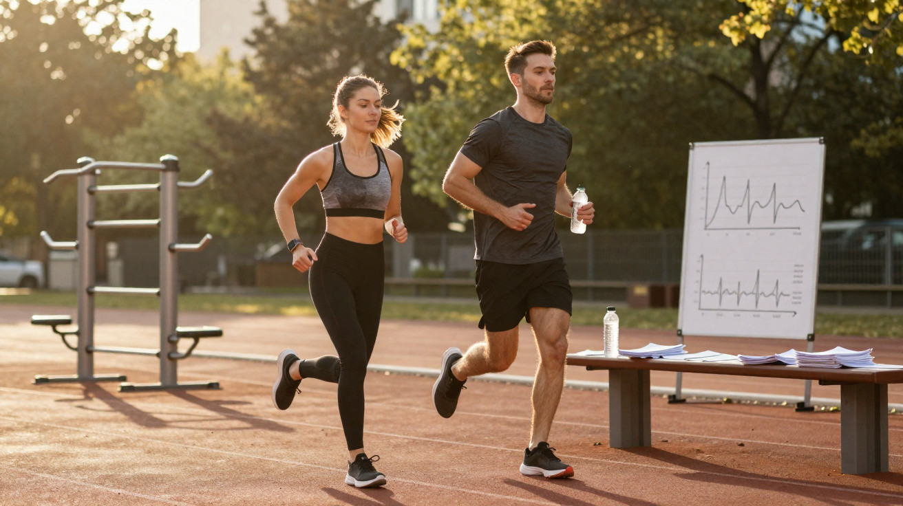 Junge Frau und Mann joggen auf Laufbahn im Freien, neben Tisch mit Wasserflaschen und Herzfrequenzdiagrammen.