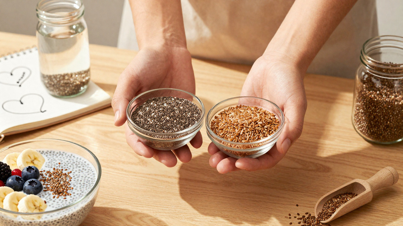 Hände halten zwei Schalen mit Chia- und Leinsamen, davor Bowls und Gläser mit Samen auf hellem Holztisch.