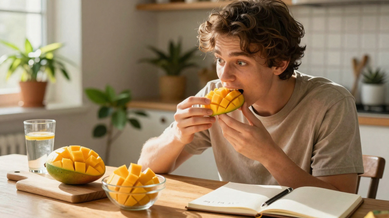 Junger Mann isst in der Küche eine aufgeschnittene Mango, daneben Glas Wasser und Notizbuch auf dem Tisch.