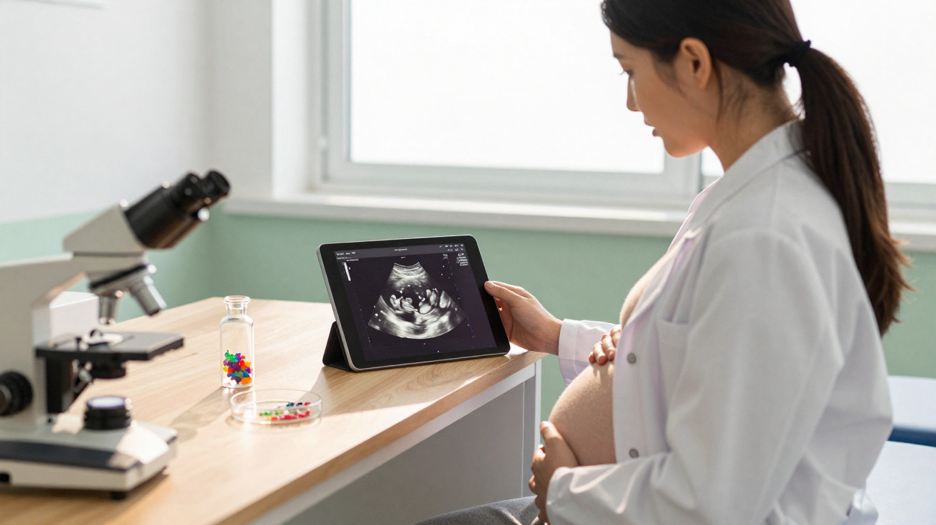 Schwangere Frau in Arztmantel schaut auf ein Ultraschallbild ihres Babys auf einem Tablet am Schreibtisch.