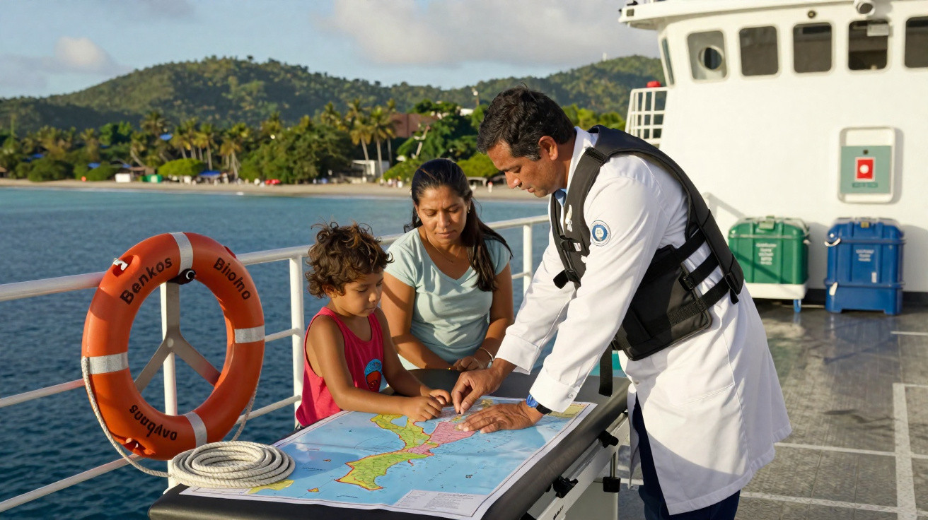 Mann in Uniform erklärt Frau und Kind auf Schiff eine Karte, tropische Insel mit Palmen im Hintergrund.
