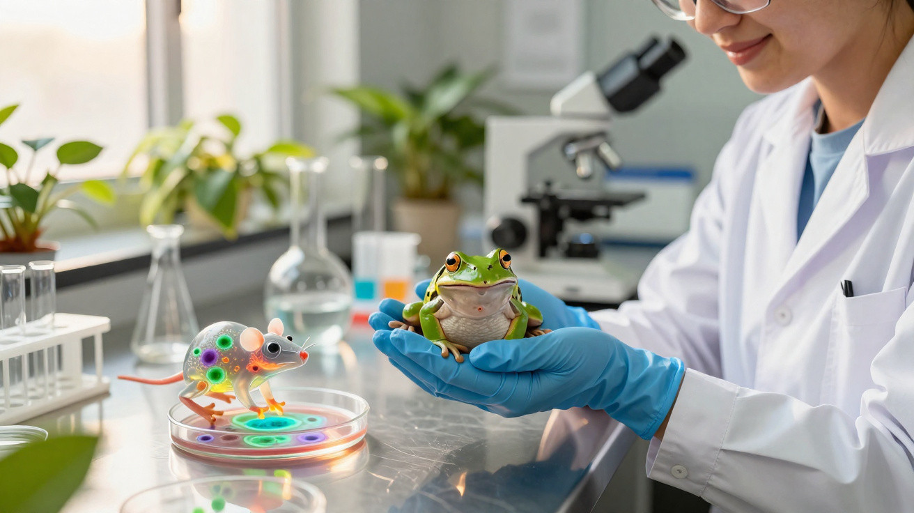 Wissenschaftlerin hält einen Baumfrosch, neben ihr leuchtet eine bunte Maus in einer Petrischale.
