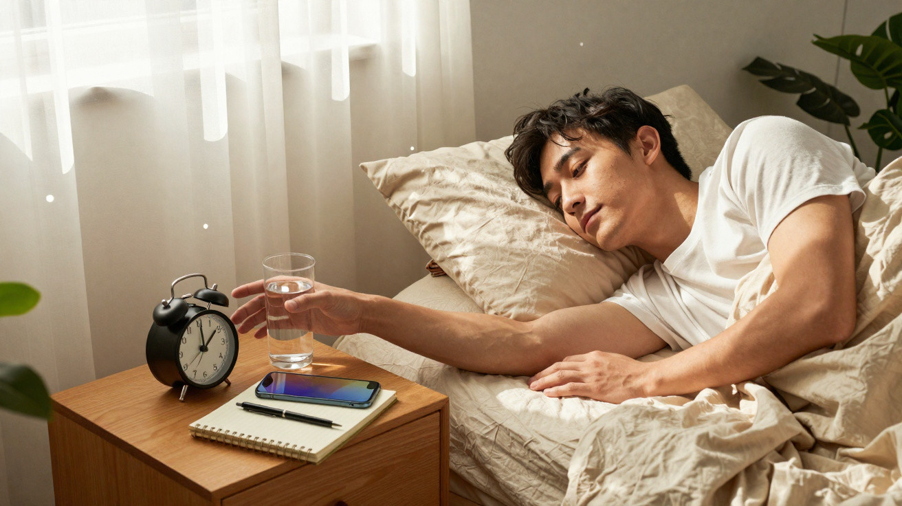 Mann im Bett streckt Hand nach Wecker auf Nachttisch mit Glas Wasser und Smartphone am Morgen.