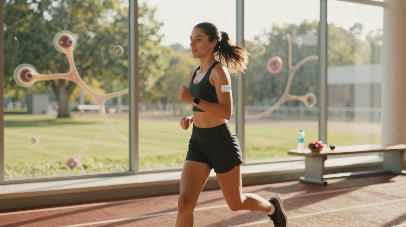 Junge Frau joggt in Sportkleidung in einer hellen Halle mit großen Fenstern und grünem Außenbereich.
