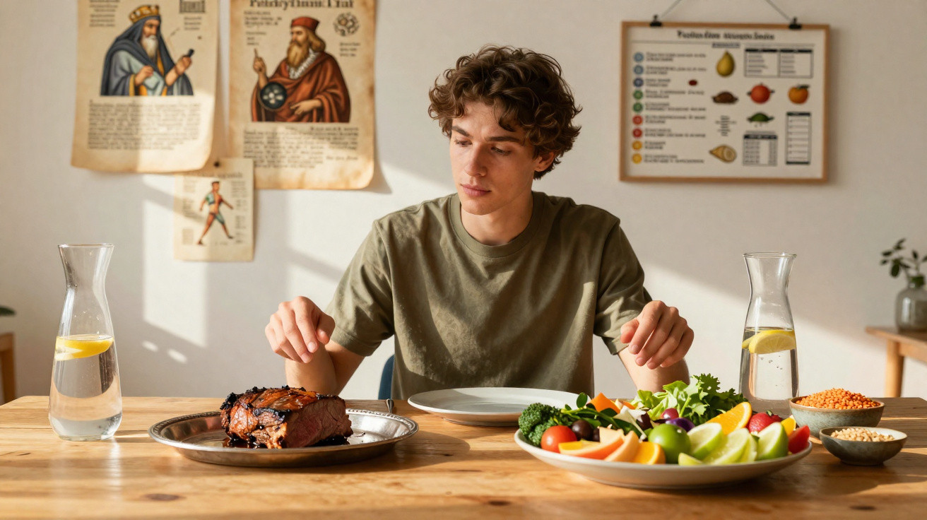Junger Mann sitzt am Tisch mit Teller, serviert Fleisch und buntes Gemüse, Wasser mit Zitrone daneben.