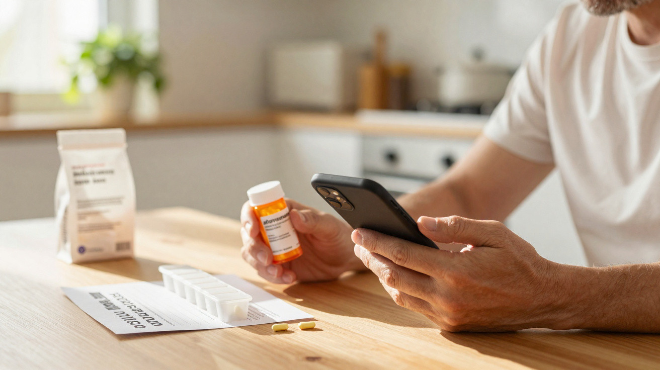 Mann liest Informationen auf Smartphone, hält Medikamentenflasche mit Tabletten und Dosierbehälter auf Holztisch.