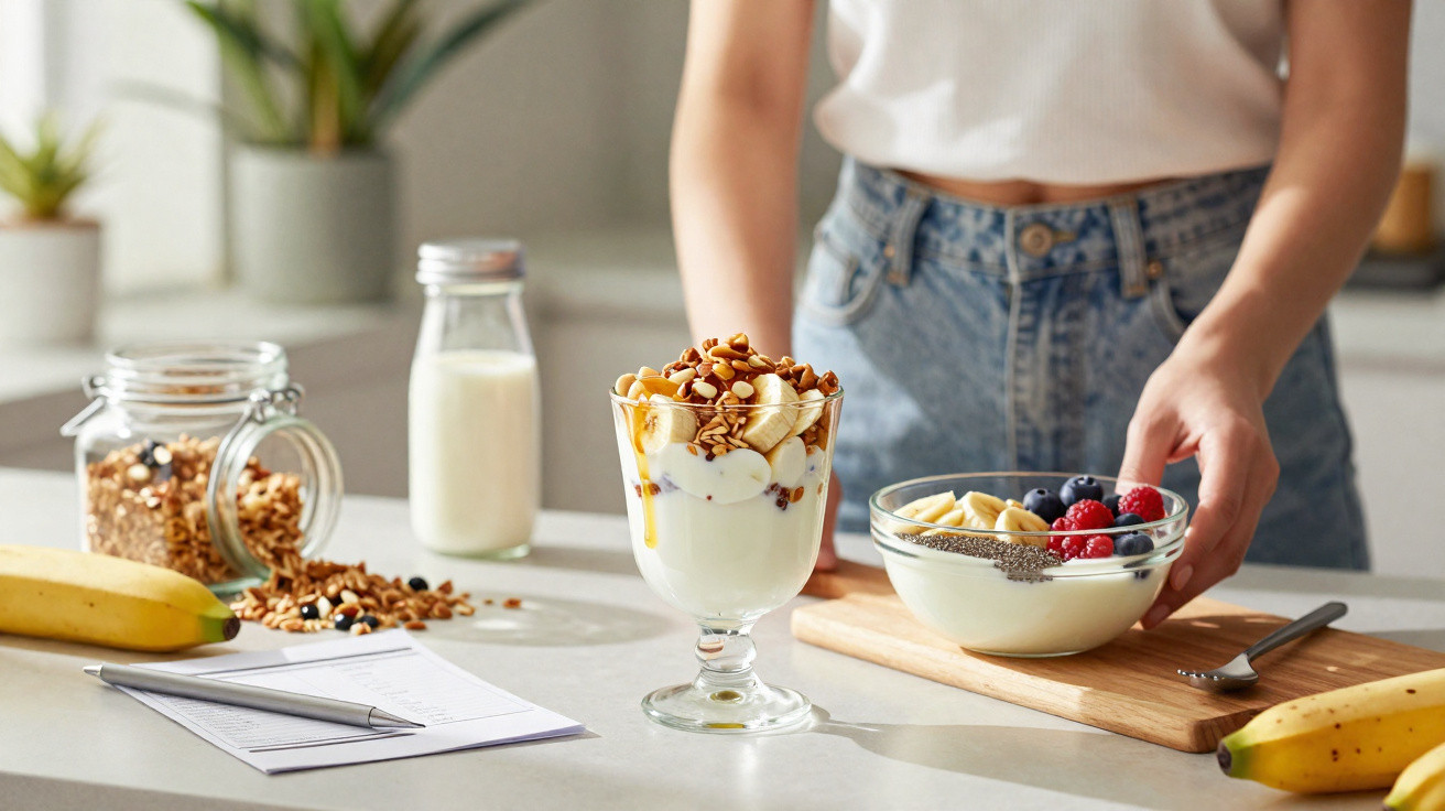 Frau bereitet Joghurt mit Banane, Beeren, Granola und Milch in moderner Küche zu.