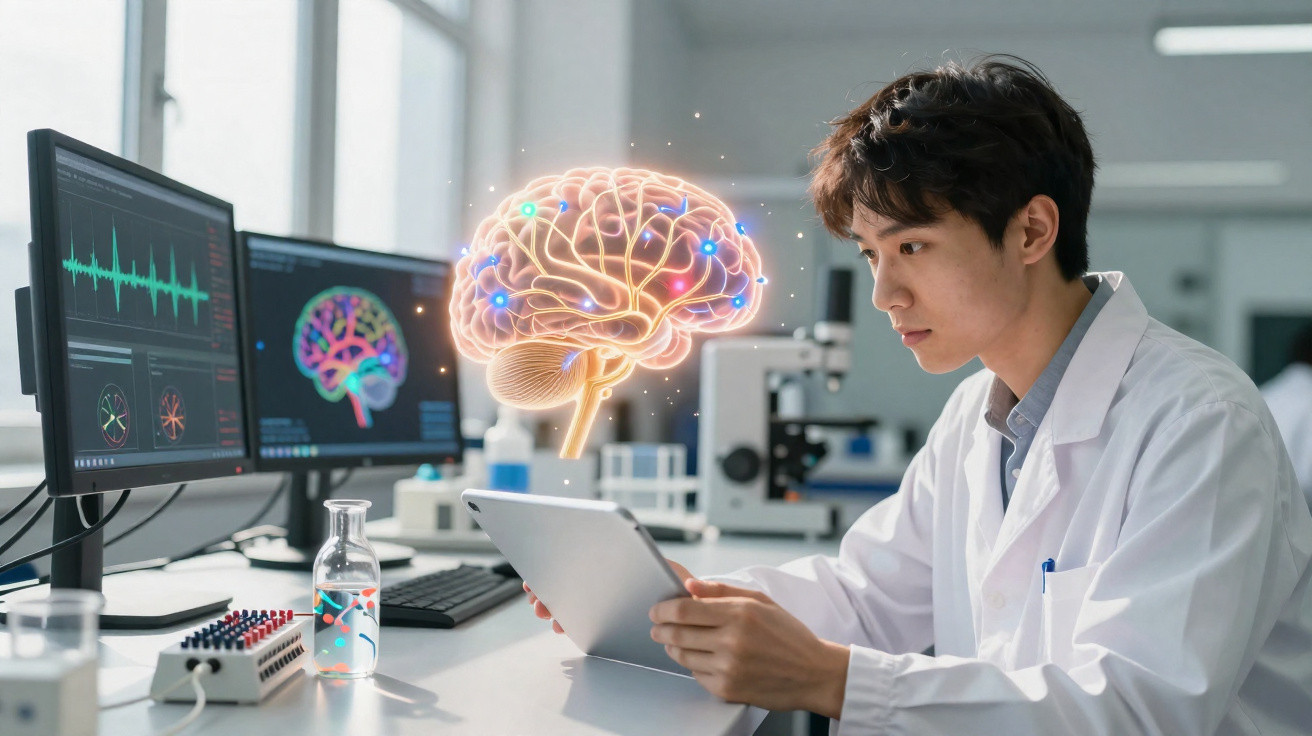 Neurowissenschaftler analysiert digitale Gehirndaten auf Tablet vor Monitoren im Labor.