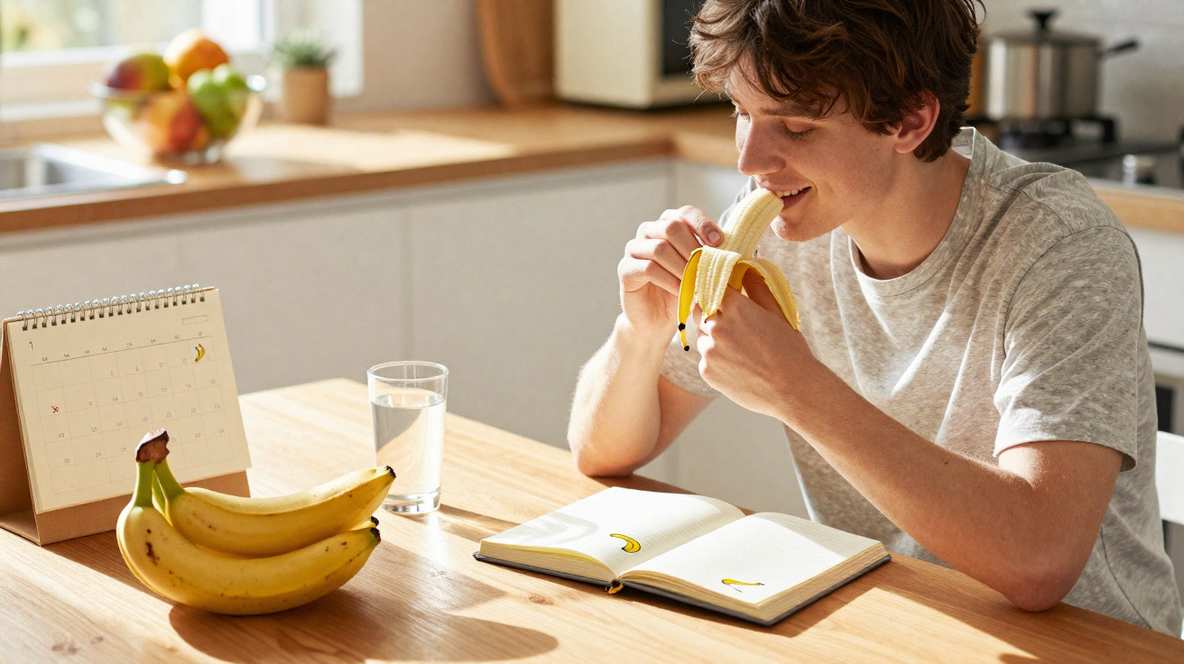 Junger Mann isst Banane am Tisch mit Kalender, Glas Wasser, Notizbuch und Bananen in der Küche.