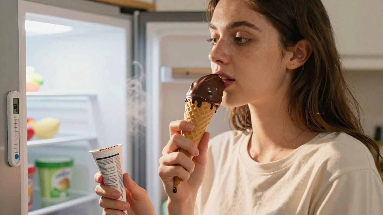 Frau steht vor offenem Kühlschrank und isst ein Schokoladeneis in der Waffel.