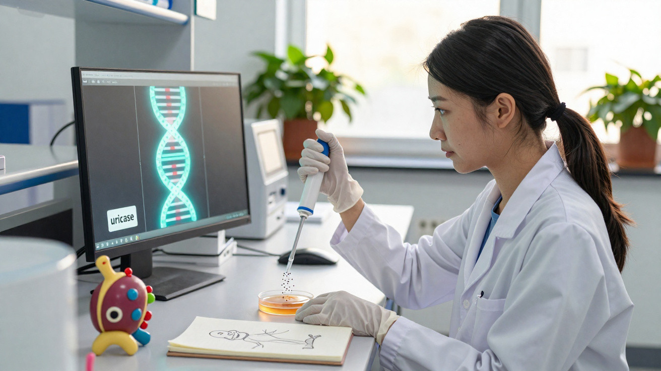 Wissenschaftlerin in Laborjacke pipettiert Flüssigkeit vor Bildschirm mit DNA-Darstellung am Laborarbeitsplatz.