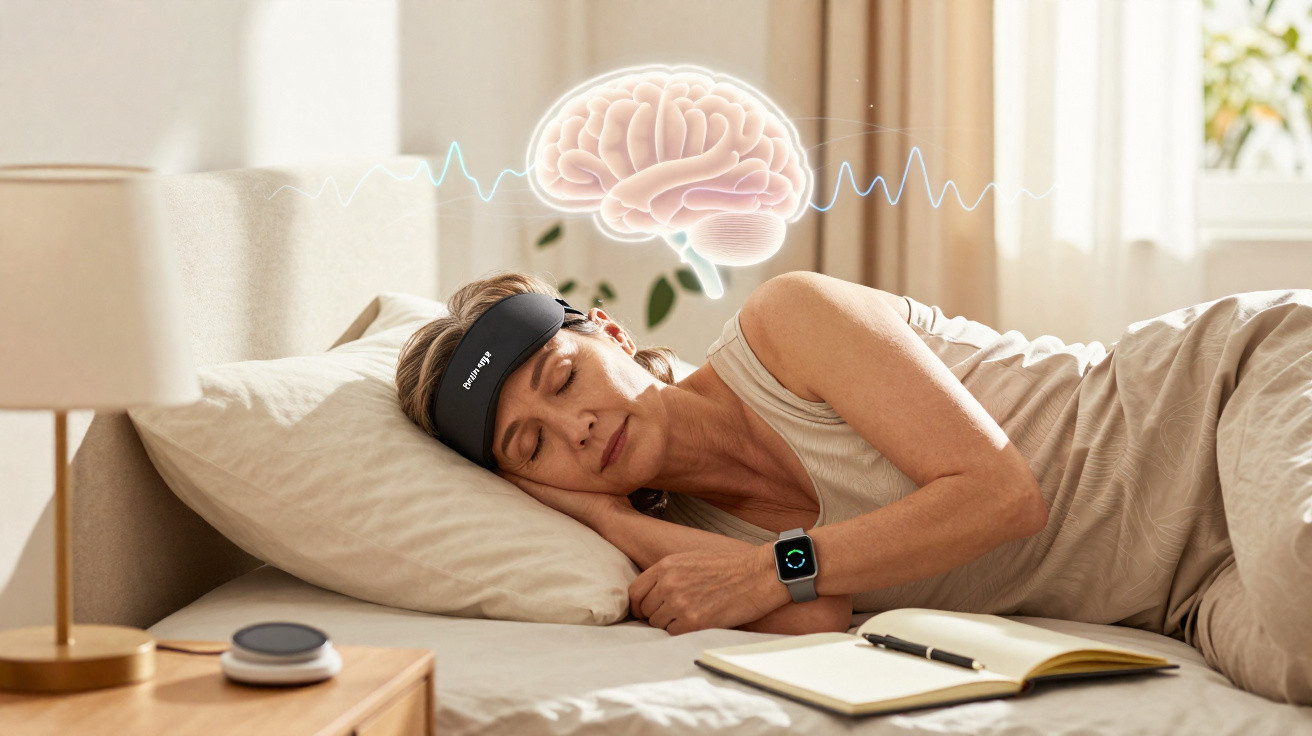 Frau schläft mit einem Gehirnstimulationsgerät auf dem Kopf, daneben Notizbuch und Smartwatch sichtbar.