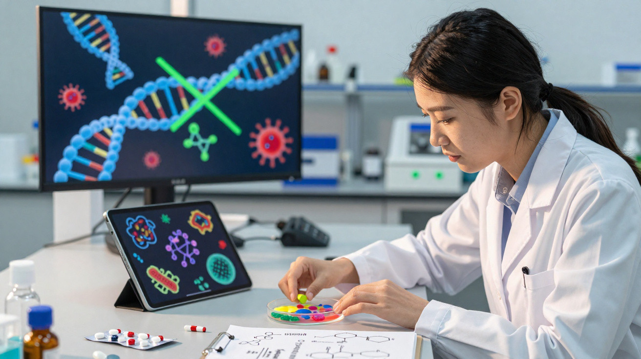 Wissenschaftlerin im Labor analysiert DNA-Strukturen und Virenmodelle auf Bildschirmen und Tablett.