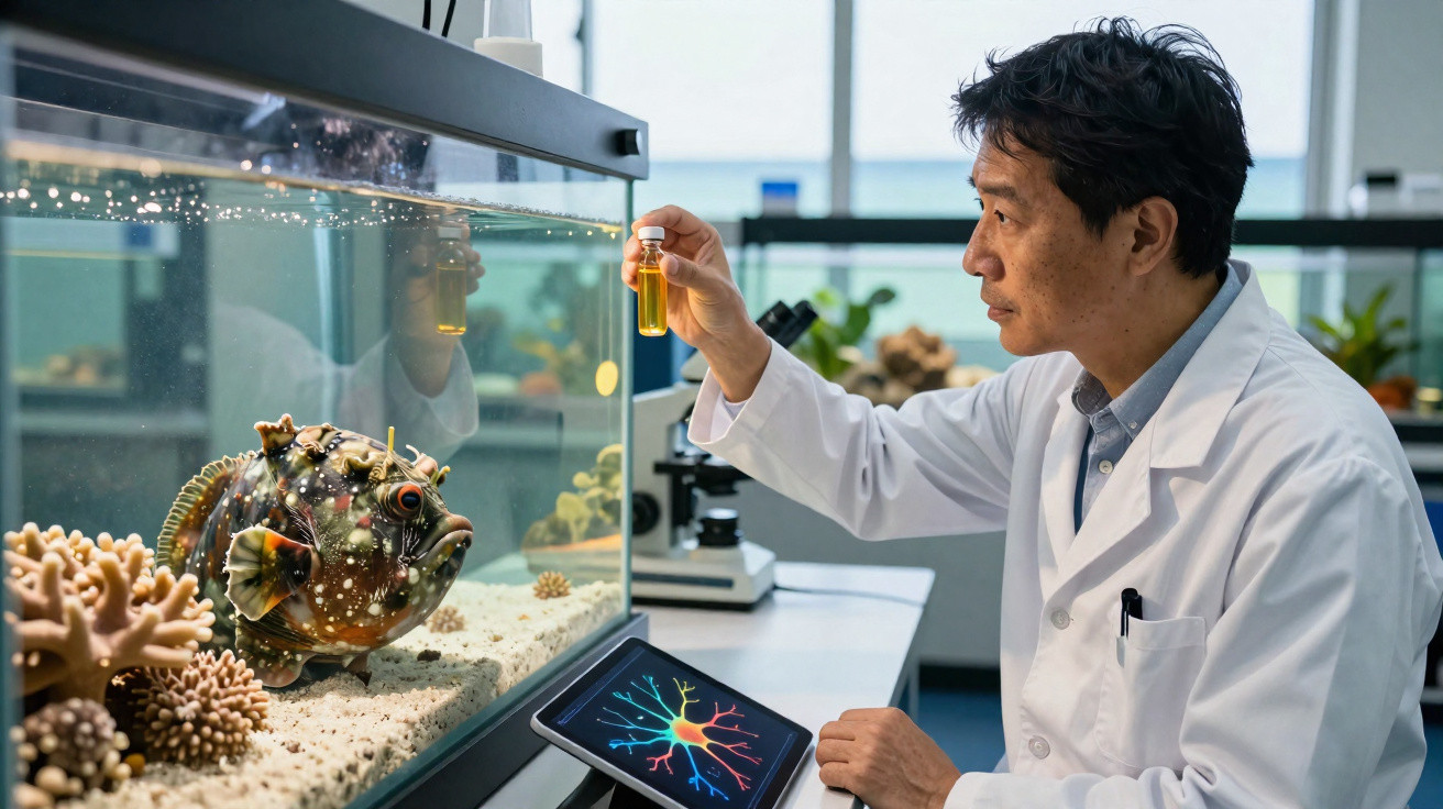 Wissenschaftler im Labor untersucht Fisch im Aquarium mit Reagenzglas und Tablet mit Nervensystem-Illustration.