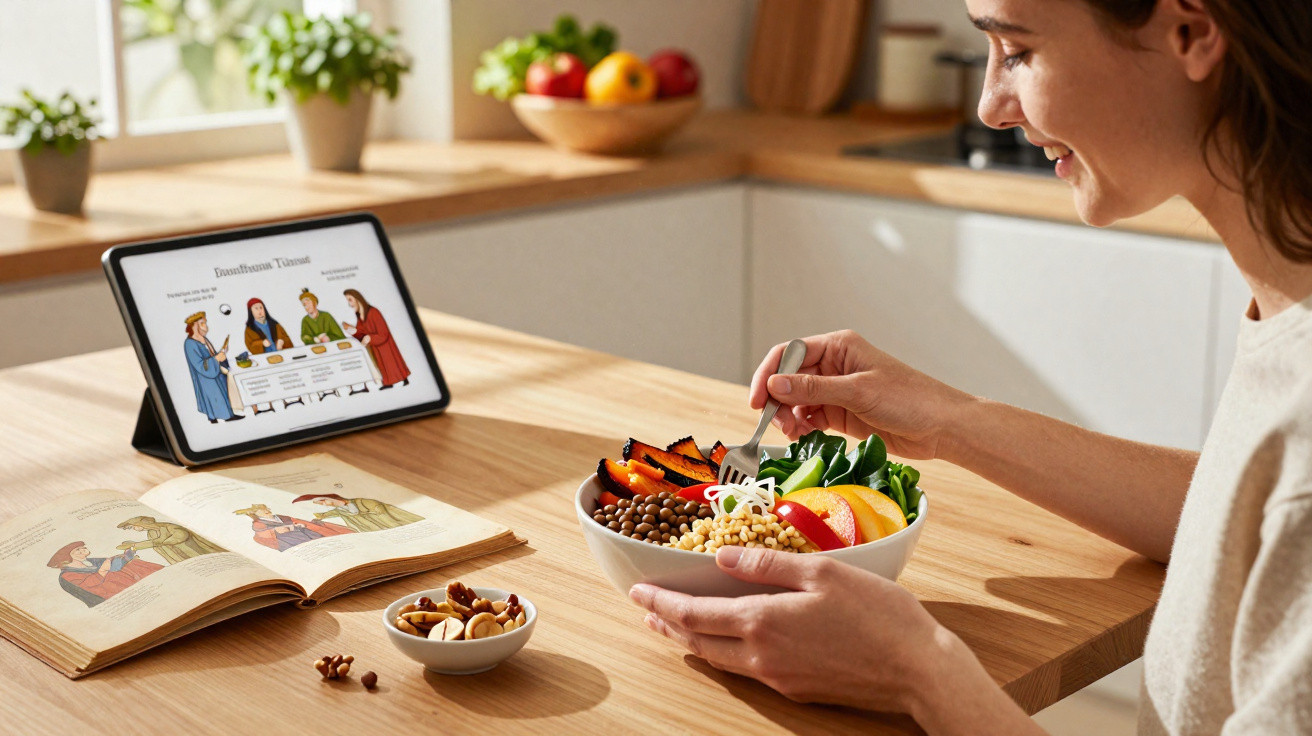 Frau isst eine Schüssel mit Salat und Hülsenfrüchten, neben offenen Büchern und Tablet auf Holztisch.