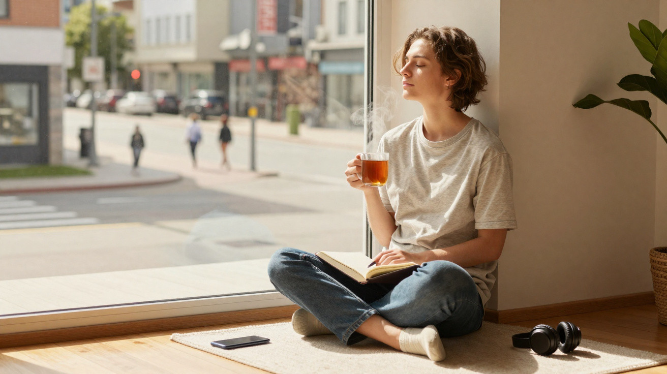 Frau sitzt entspannt am Fenster mit Buch, trinkt Tee und genießt die Sonne in heller Wohnung.