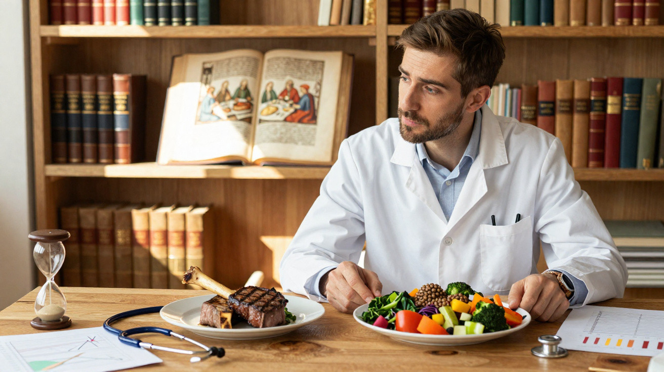 Mann im Arztkittel sitzt an Tisch mit Tellern voll Steak und Gemüse in Bücherei mit Stethoskop.