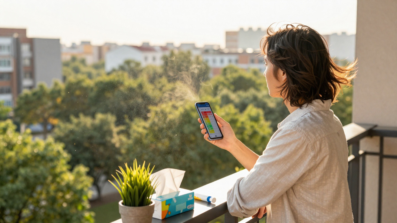 Frau auf Balkon hält Smartphone mit Gesundheits-App, Taschentücher und Inhalator auf dem Geländer.