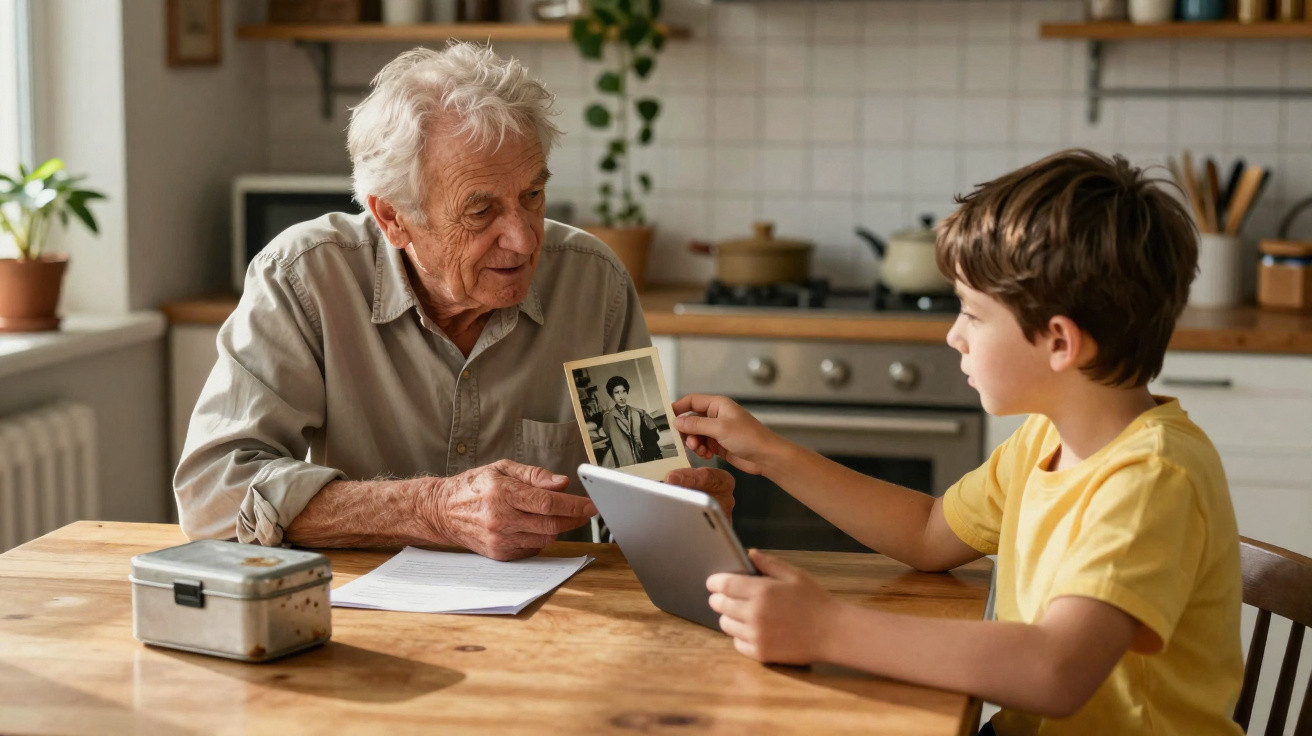 Ein älterer Mann und ein Junge sitzen am Küchentisch und schauen sich alte Fotos an.