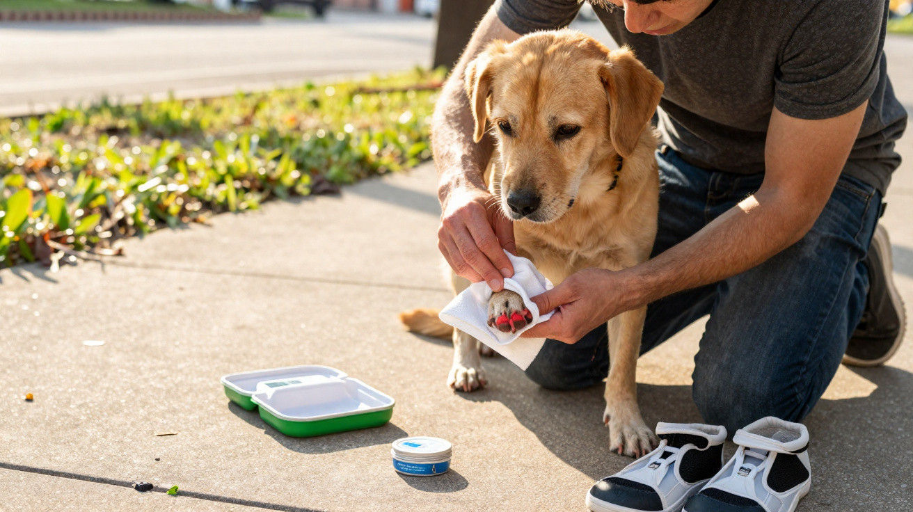 Mann reinigt die Pfote eines Hundes mit Tuch, Hundeschuhe und Pflegeprodukte liegen auf dem Boden.