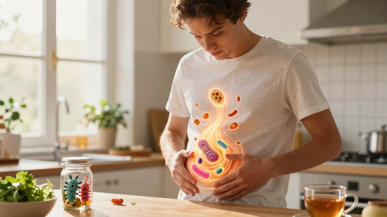 Junger Mann hält Bauch mit leuchtender Illustration von Darmbakterien in moderner Küche.