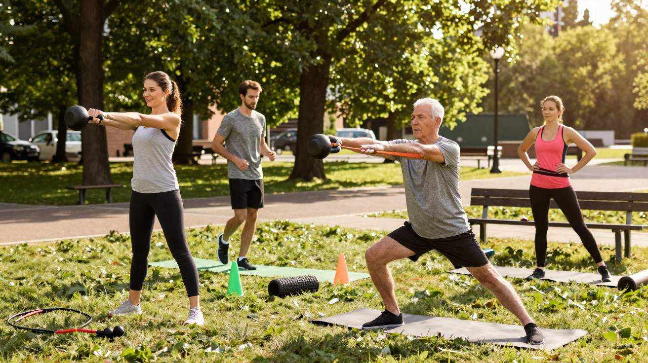 Vier Personen trainieren mit Kettlebells und laufen im sonnigen Park auf einer Wiese.