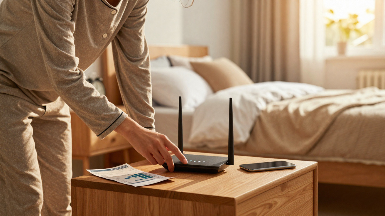 Person in Pyjama stellt WLAN-Router auf einem Nachttisch im Schlafzimmer neben Smartphone und Dokumente ein.