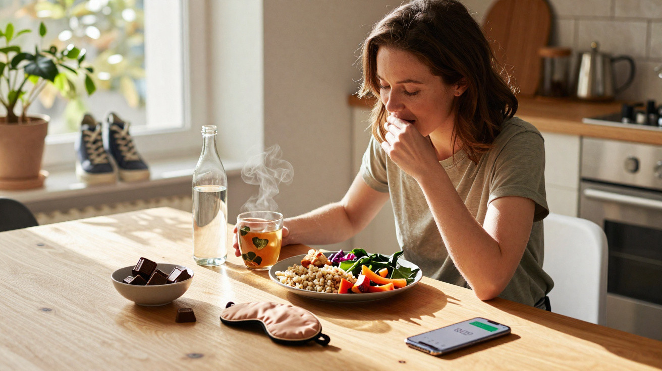 Frau isst gesundes Mittagessen mit Gemüse, Hülsenfrüchten und trinkt frisch aufgebrühten Tee in der Küche.