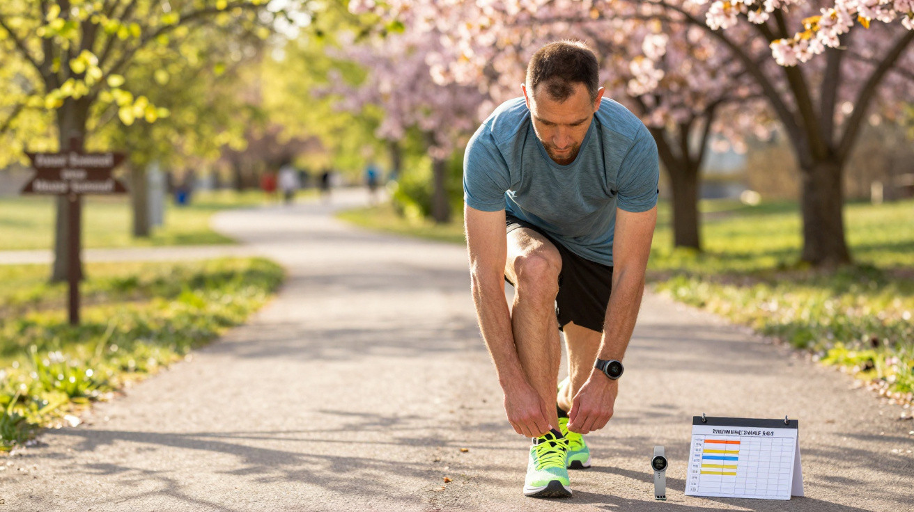 Mann bindet in Frühlingspark mit blühenden Bäumen neonfarbene Laufschuhe vor dem Joggen.