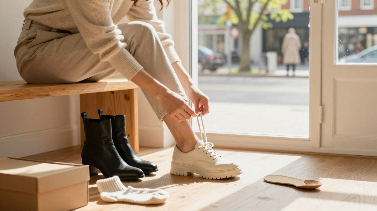 Frau sitzt auf Holzbank und schnürt helle Schnürschuhe, neben schwarzen Stiefeln und Socken auf Holzboden.