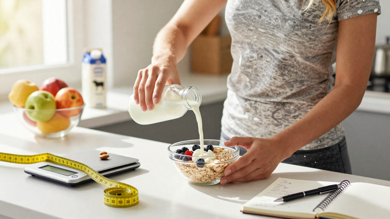Frau gießt Milch in eine Schüssel mit Haferflocken und Beeren in einer modernen Küche.