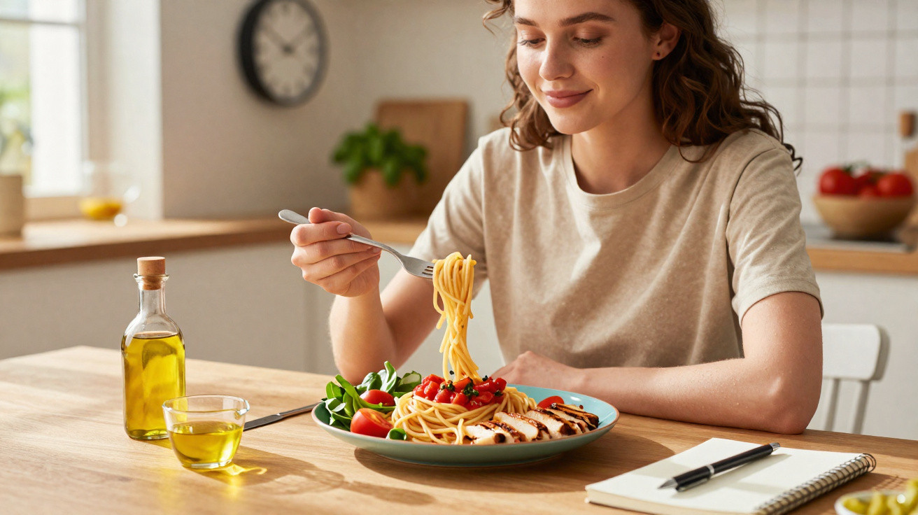 Frau isst Spaghetti mit Hähnchen und Salat am Tisch in heller Küche mit Ölflasche und Notizbuch.