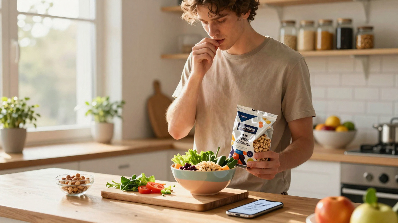 Junger Mann isst Snacks aus einer Tüte in der Küche vor einer Schüssel mit Salat.
